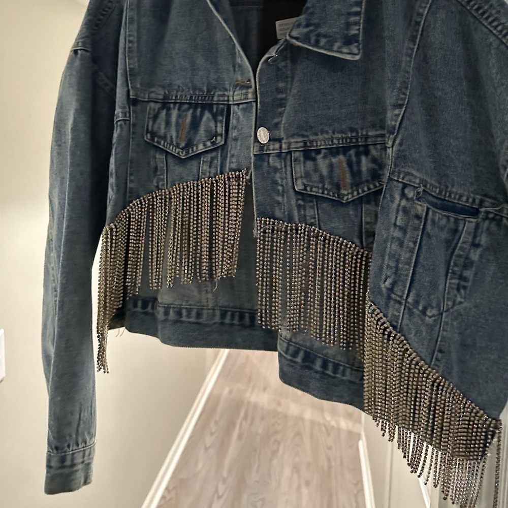 Cropped denim rhinestone jacket